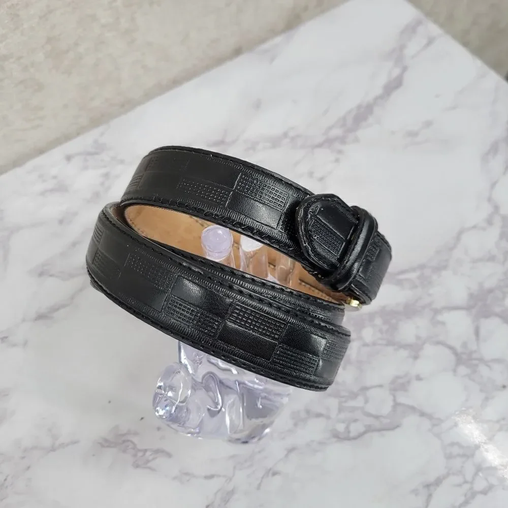 Men's Genuine Leather Black Checker Pattern Belt Brass Buckle Size 40